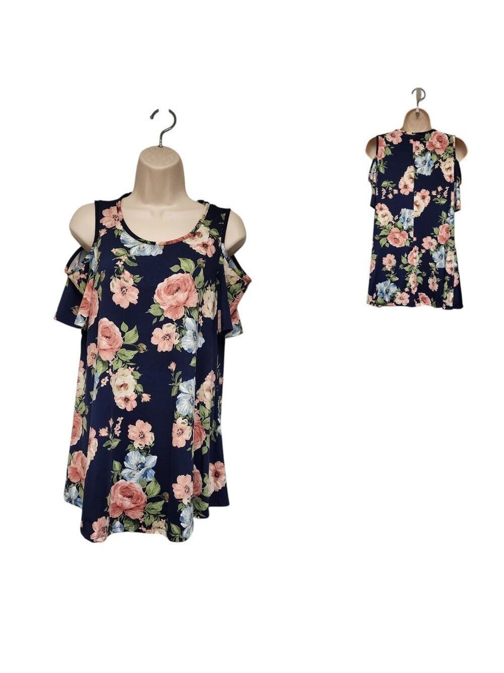 Mon & CO Maternity Cold ShoulderTunic Multi- Blue Floral Top Blouse Size Medium